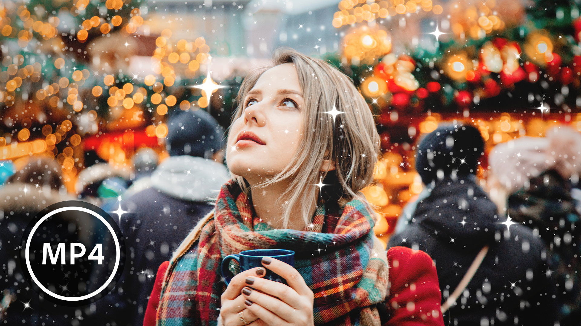 Frau mit blauem Becher, Schnee, Weihnachtslichter, Bokeh. MP4 Logo.
