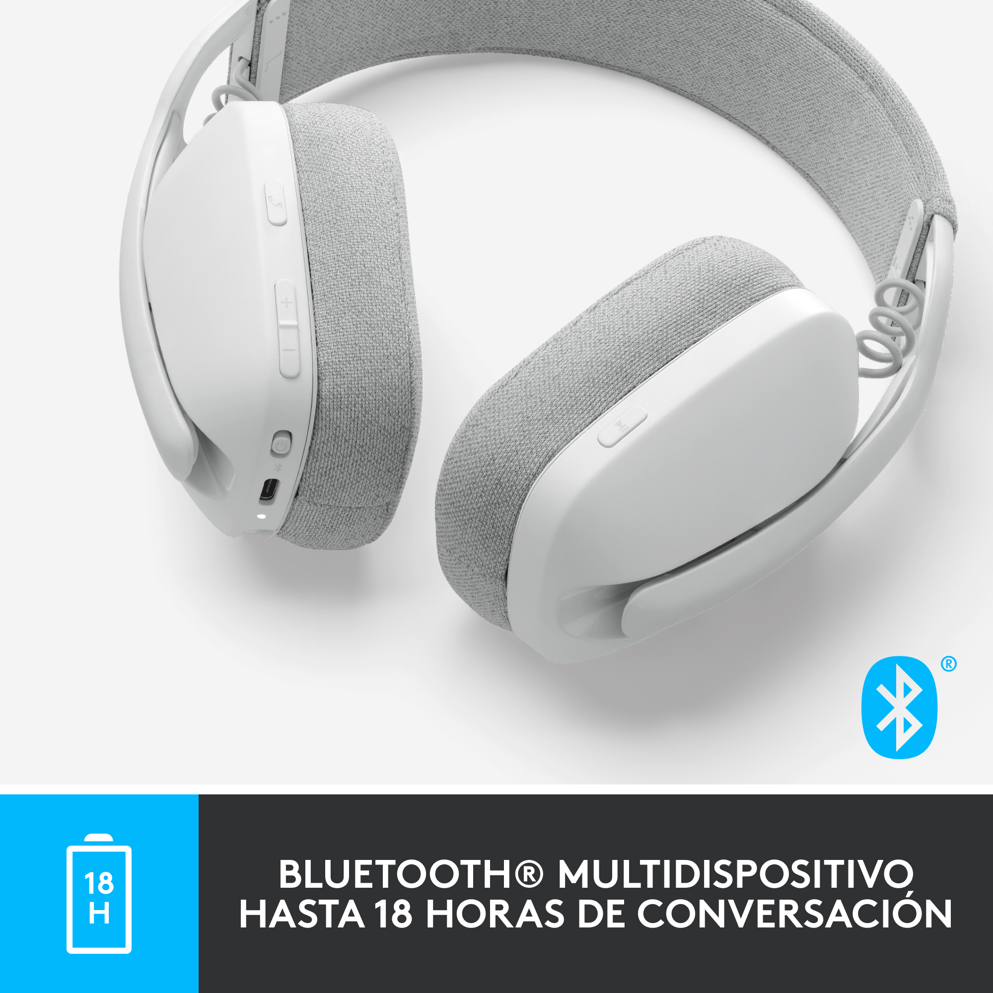 Auriculares blancos con acolchado gris y símbolo Bluetooth, texto: '18 H'.