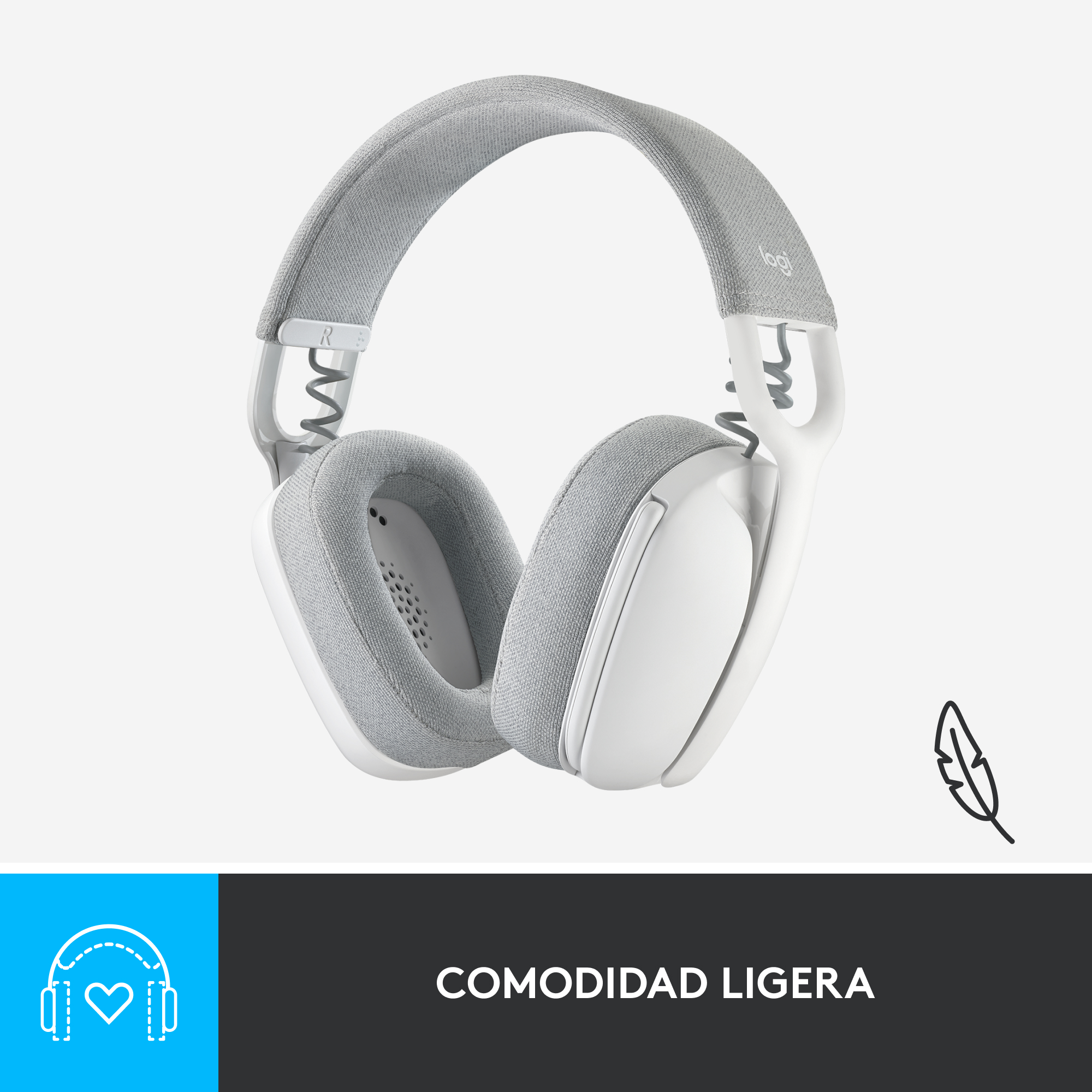 Auriculares blancos y grises con un icono de pluma y texto.
