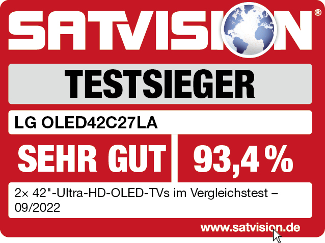 SATVISION. TESTSIEGER. LG OLED42C27LA. SEHR GUT, 93,4%, 09/2022.
