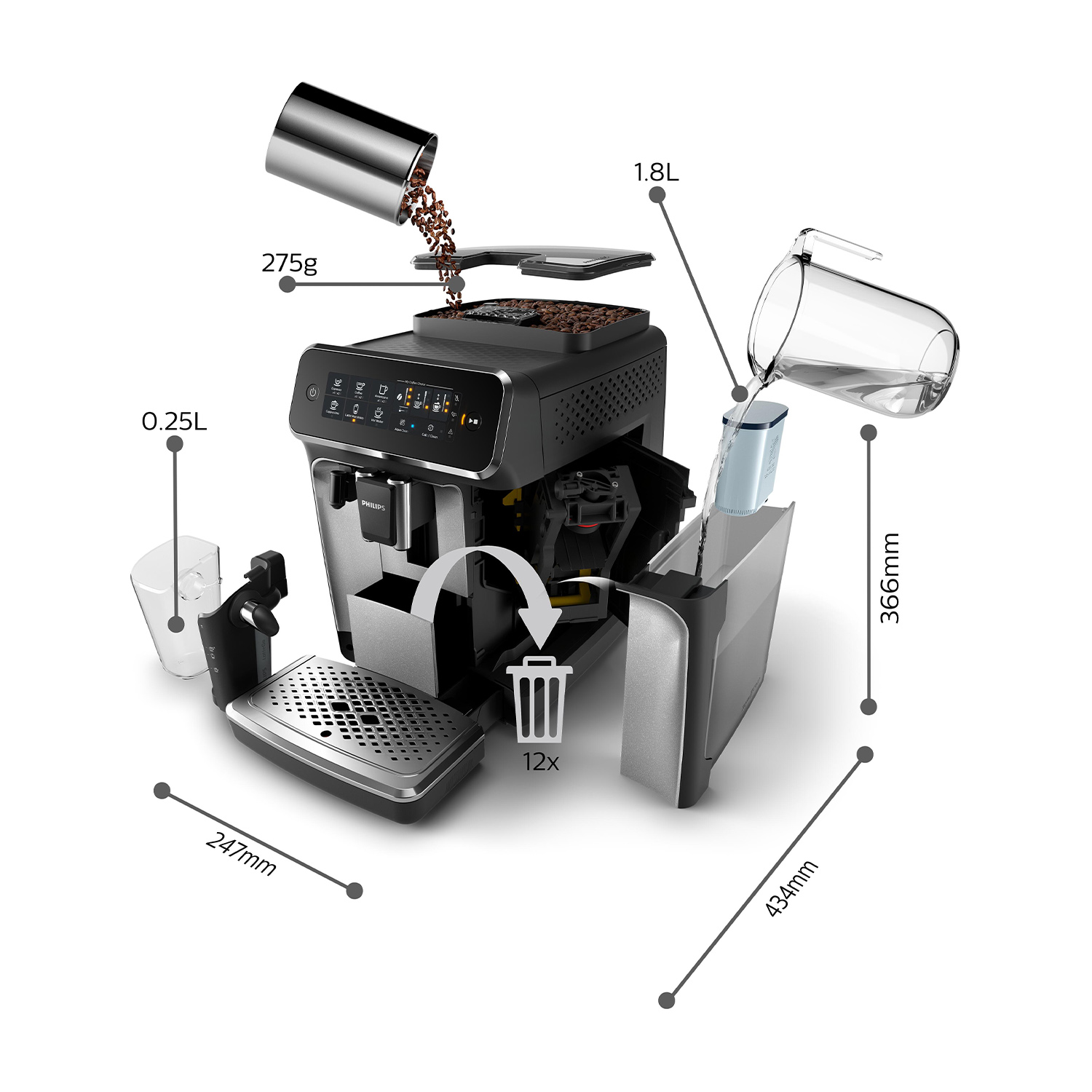 Macchina da caffè con dimensioni. Le caratteristiche includono un serbatoio dell'acqua, un contenitore per chicchi di caffè e un'uscita per il caffè.