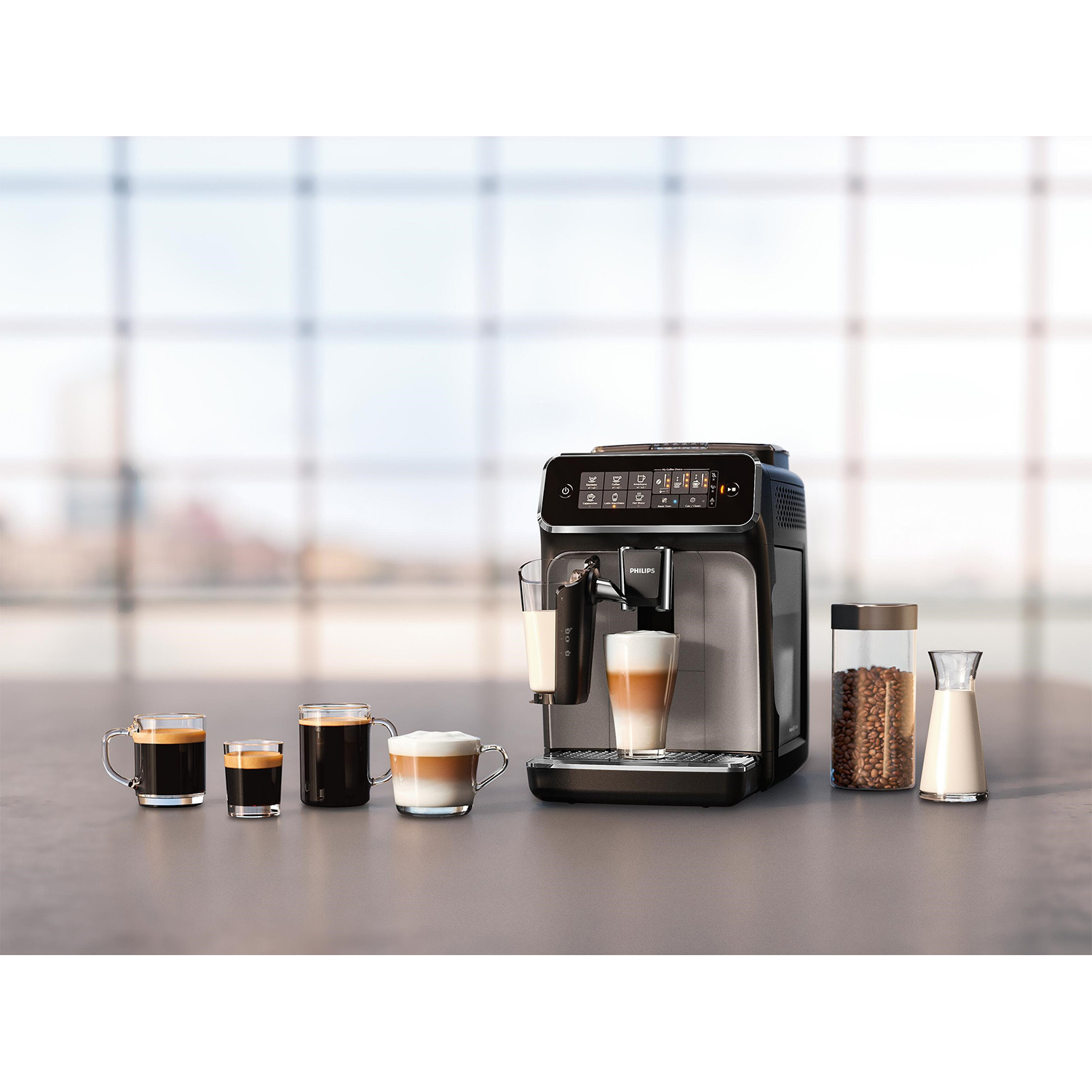 Una macchina da caffè con diverse tazze di caffè e un barattolo di vetro di chicchi di caffè.