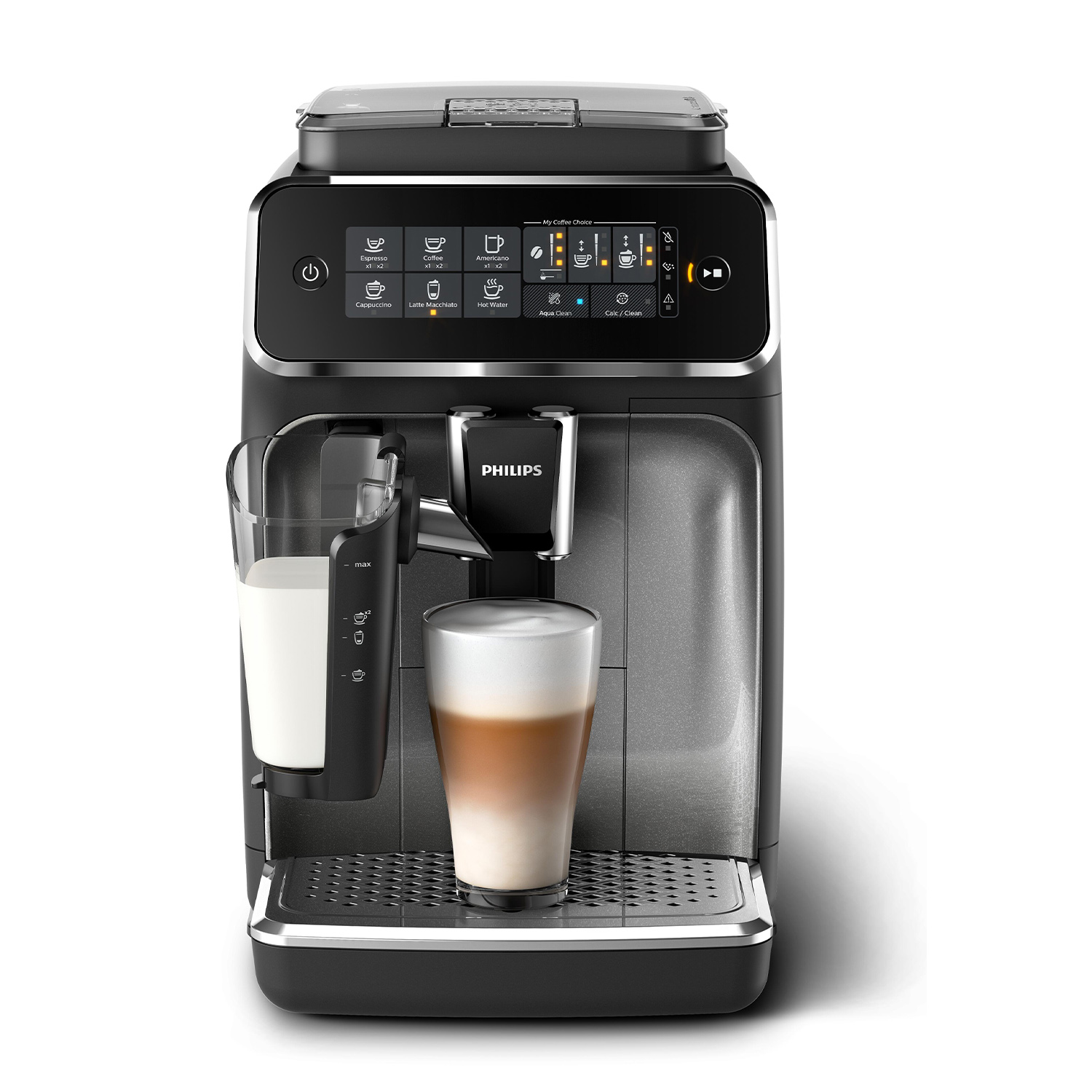 Caffettiera Philips nera con montalatte e un bicchiere di latte macchiato. Pulsanti per tipi di caffè.