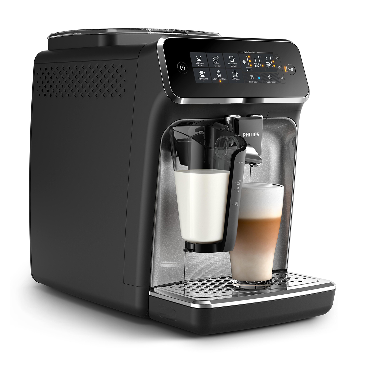 Macchina per espresso Philips nera che prepara caffè e latte nei bicchieri.