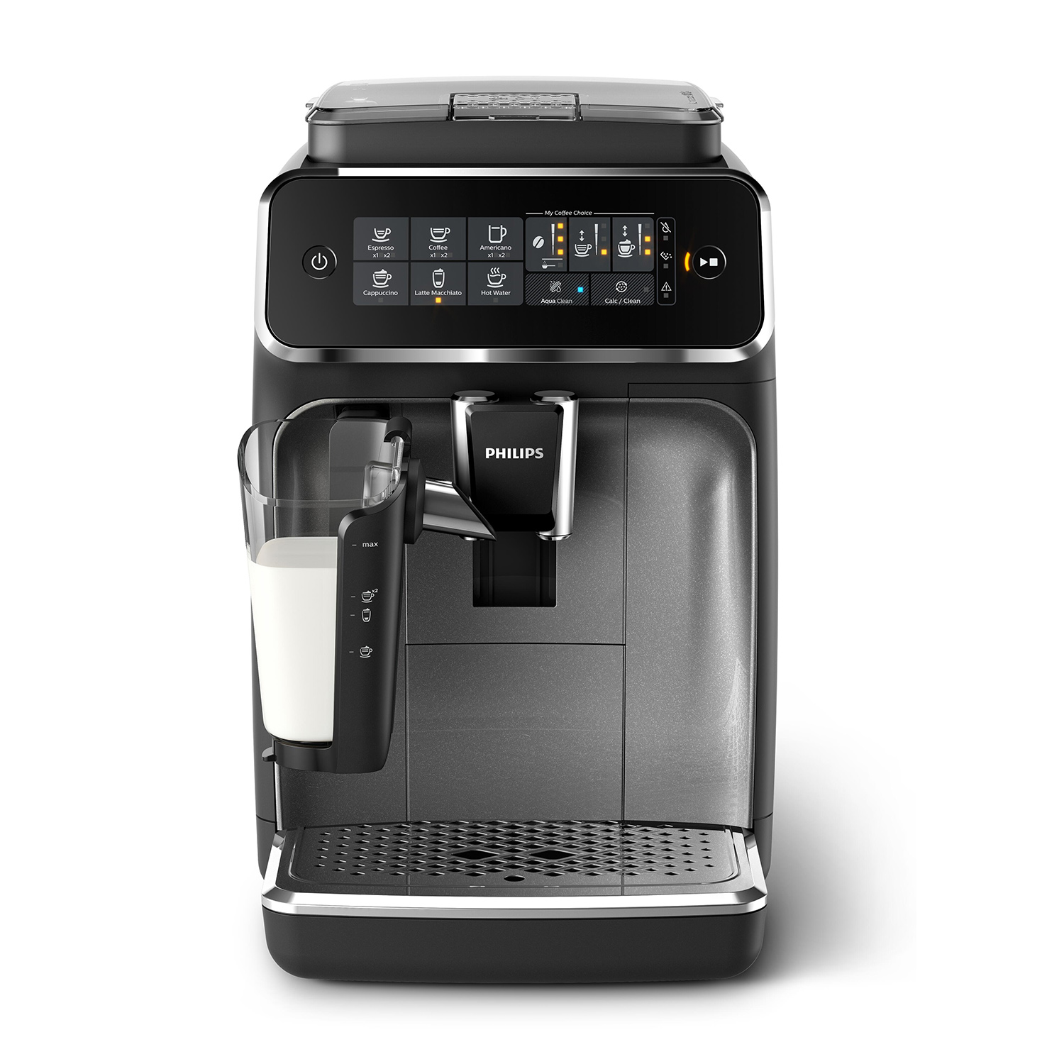 Macchina da caffè Philips nera e argento con contenitore del latte e pannello di controllo.
