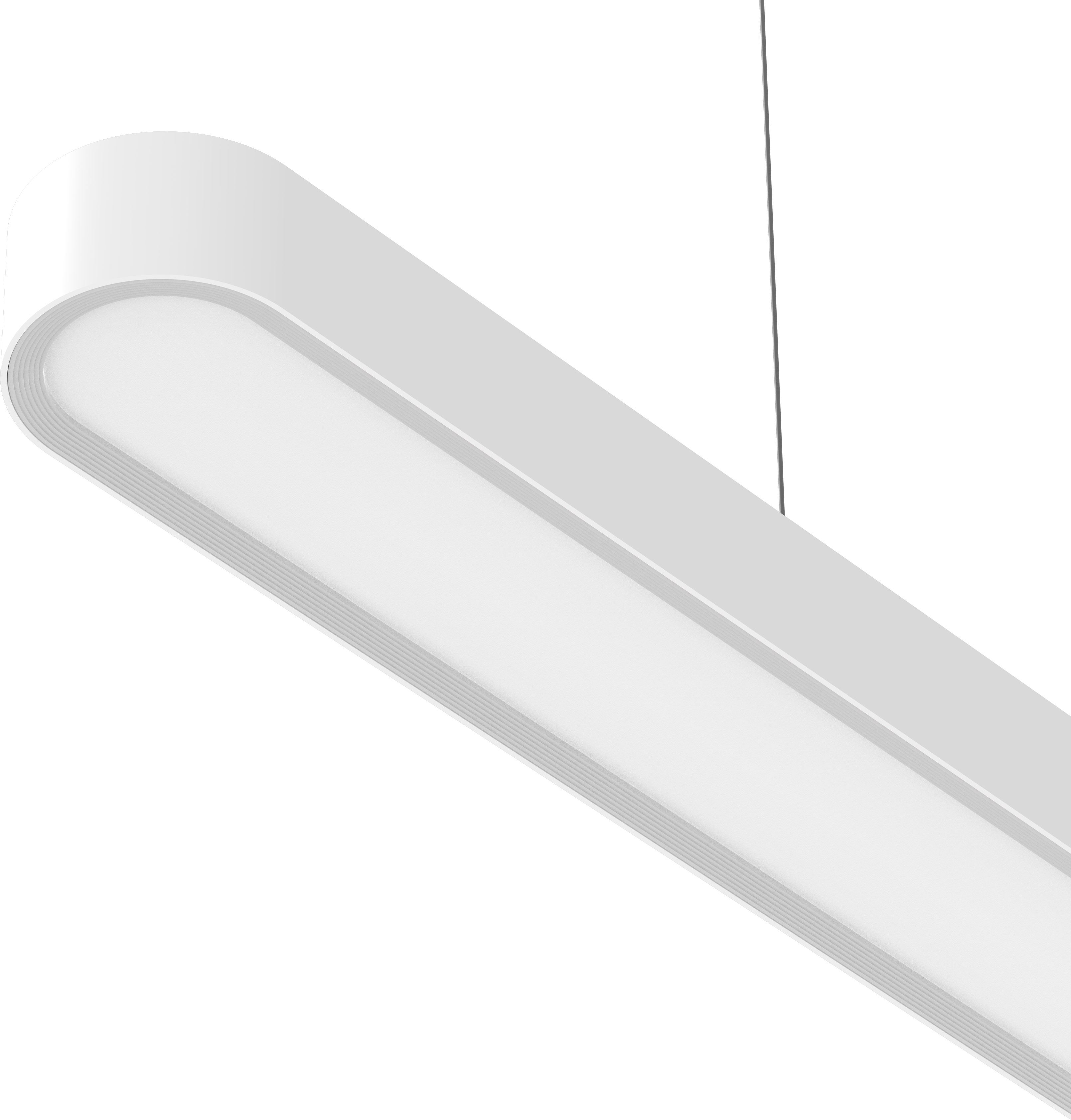 Fehér, téglalap alakú LED lámpatest lóg a mennyezetről, fekete háttér előtt.