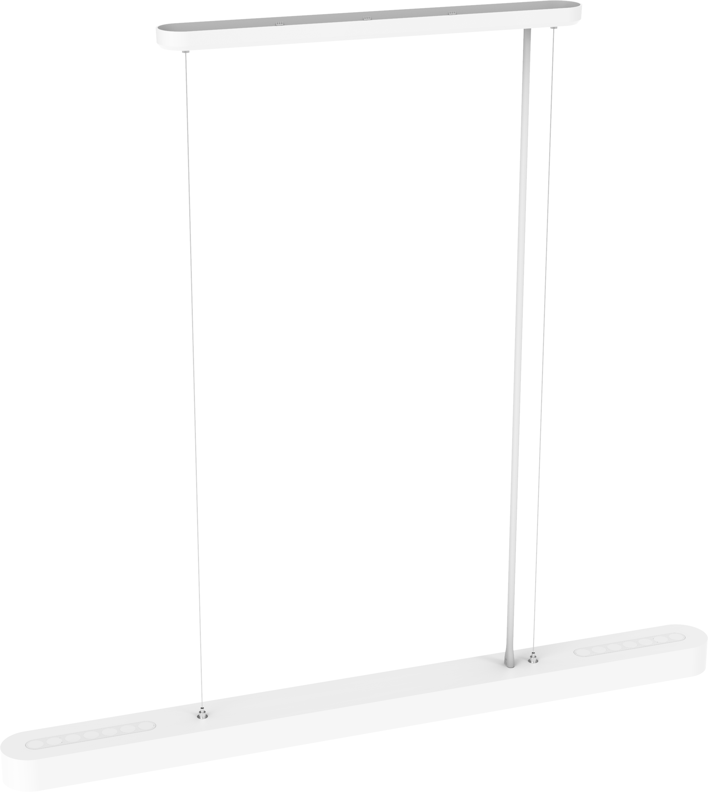 Fehér, minimalista függőlámpa fekete háttérrel.