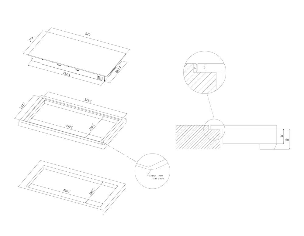 Dibujos técnicos con dimensiones de un objeto rectangular y su hueco.