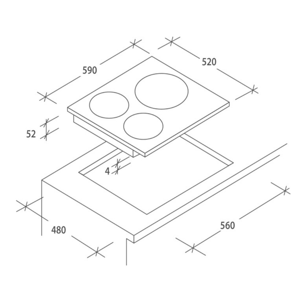 Una vista cenital de una placa de cocina con cuatro elementos calefactores circulares, las dimensiones están etiquetadas.