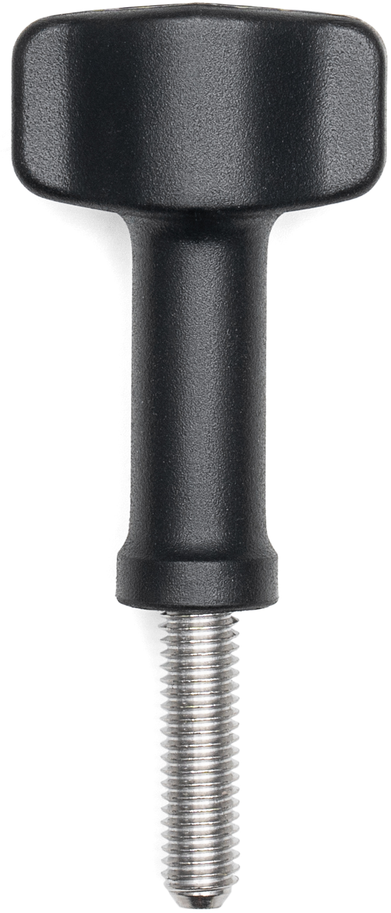 Schwarze Metallschraube mit großem schwarzen Kopf, Nahaufnahme.