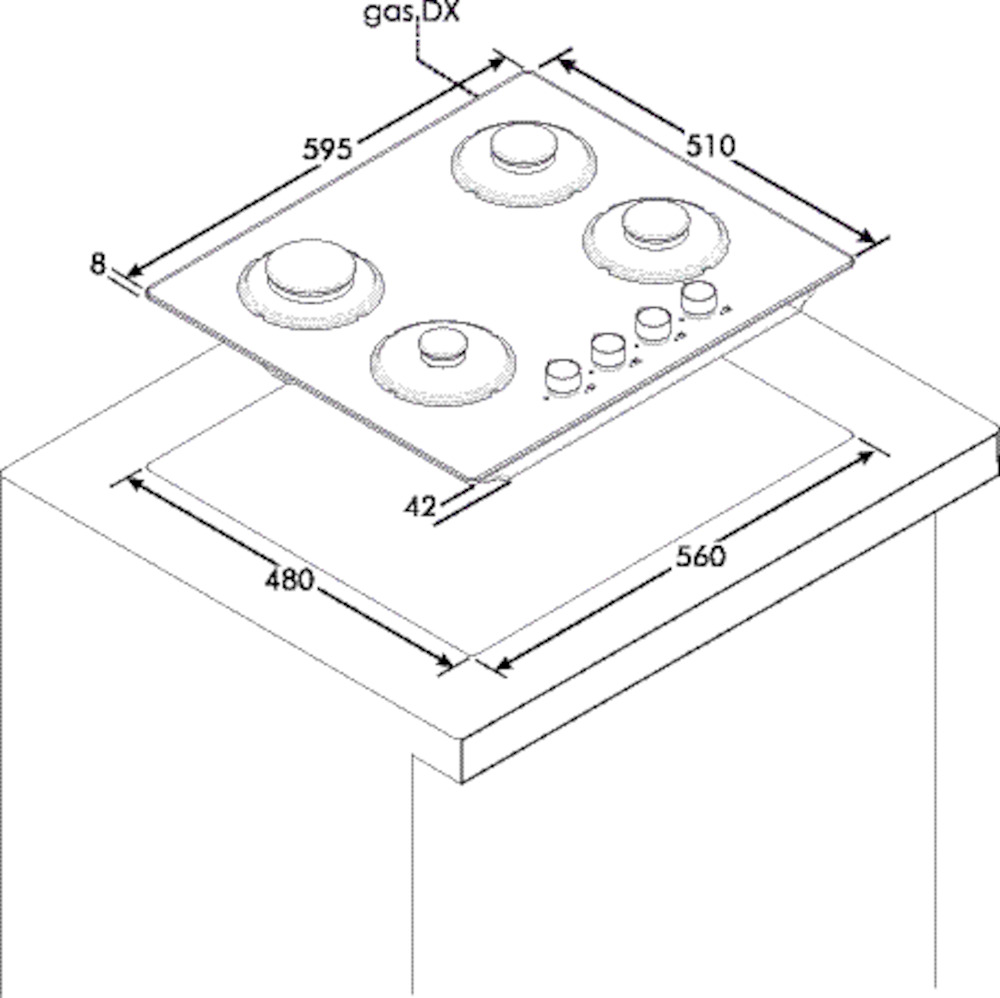 Vista isométrica de una placa de gas con cuatro quemadores y mandos. Las dimensiones están etiquetadas en la imagen.