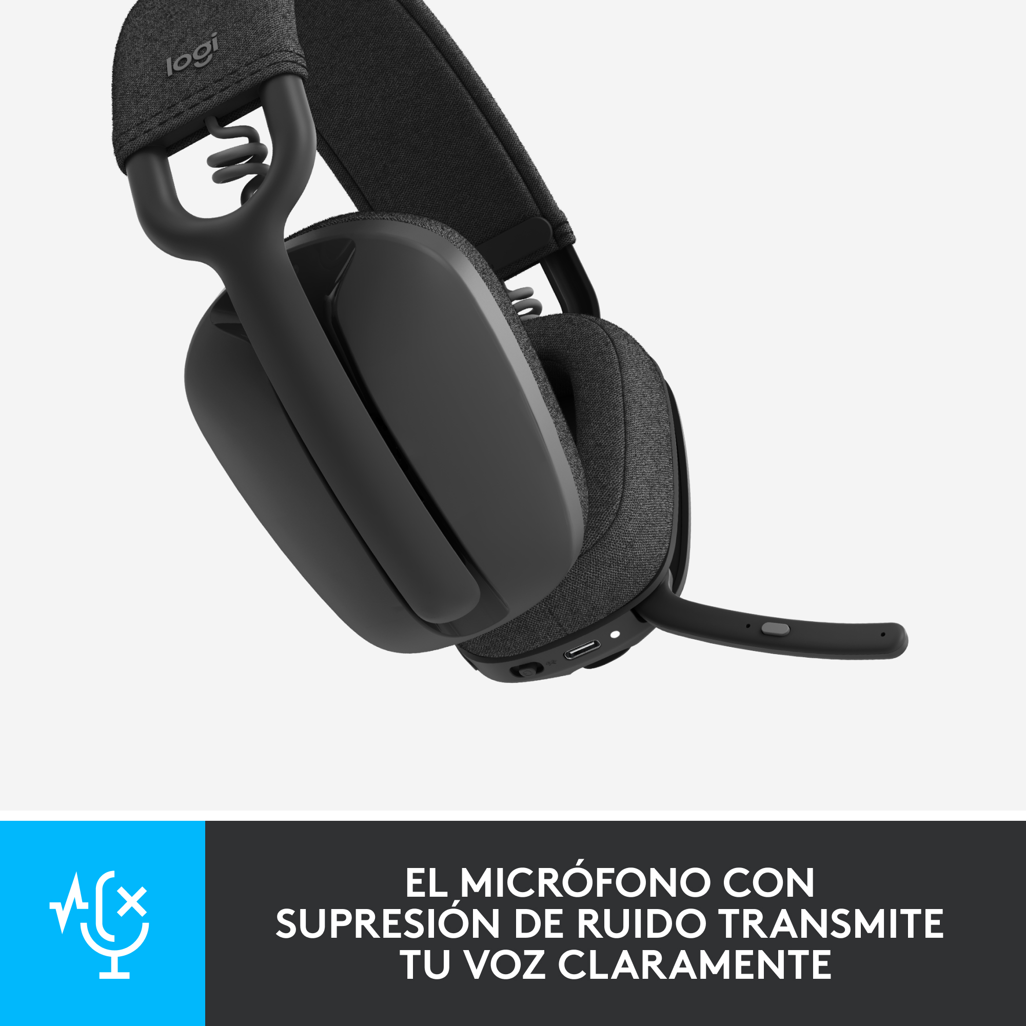 Auriculares negros con micrófono. Texto: El micrófono con cancelación de ruido transmite tu voz claramente.