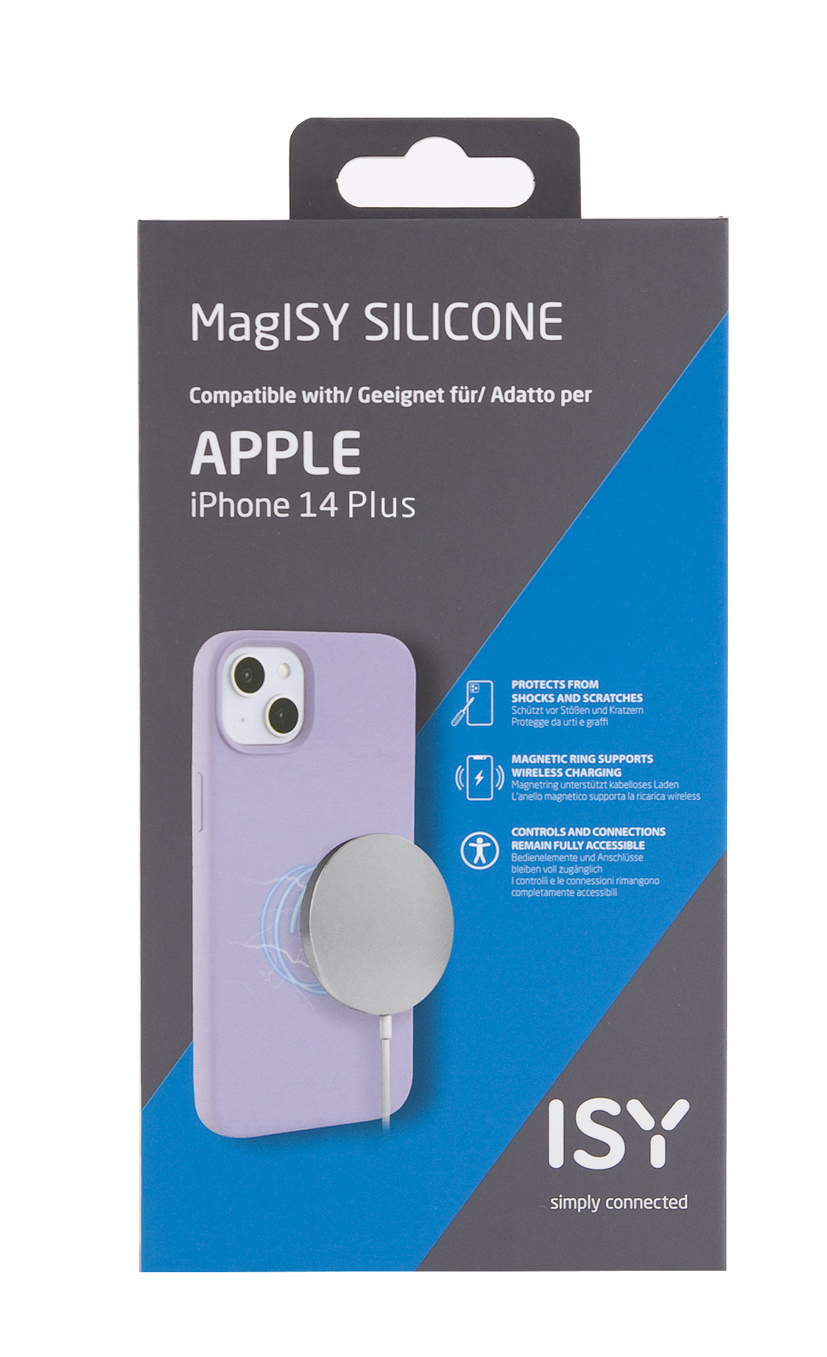 Eine MagISY Silikonhülle für ein iPhone 14 Plus, die das Telefon mit einem Ladekreis zeigt.