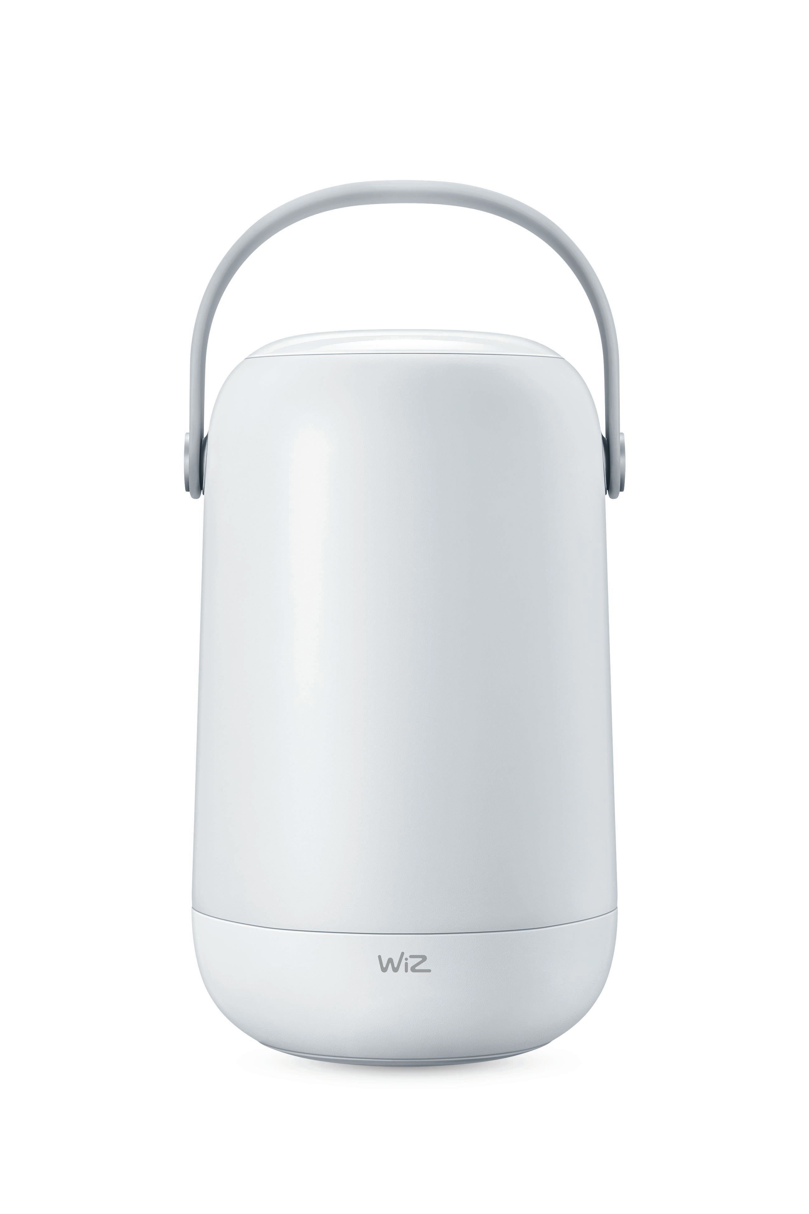 Weiße Wiz-Lampe mit grauem Griff, zylindrischer Form, abgerundeter Basis.