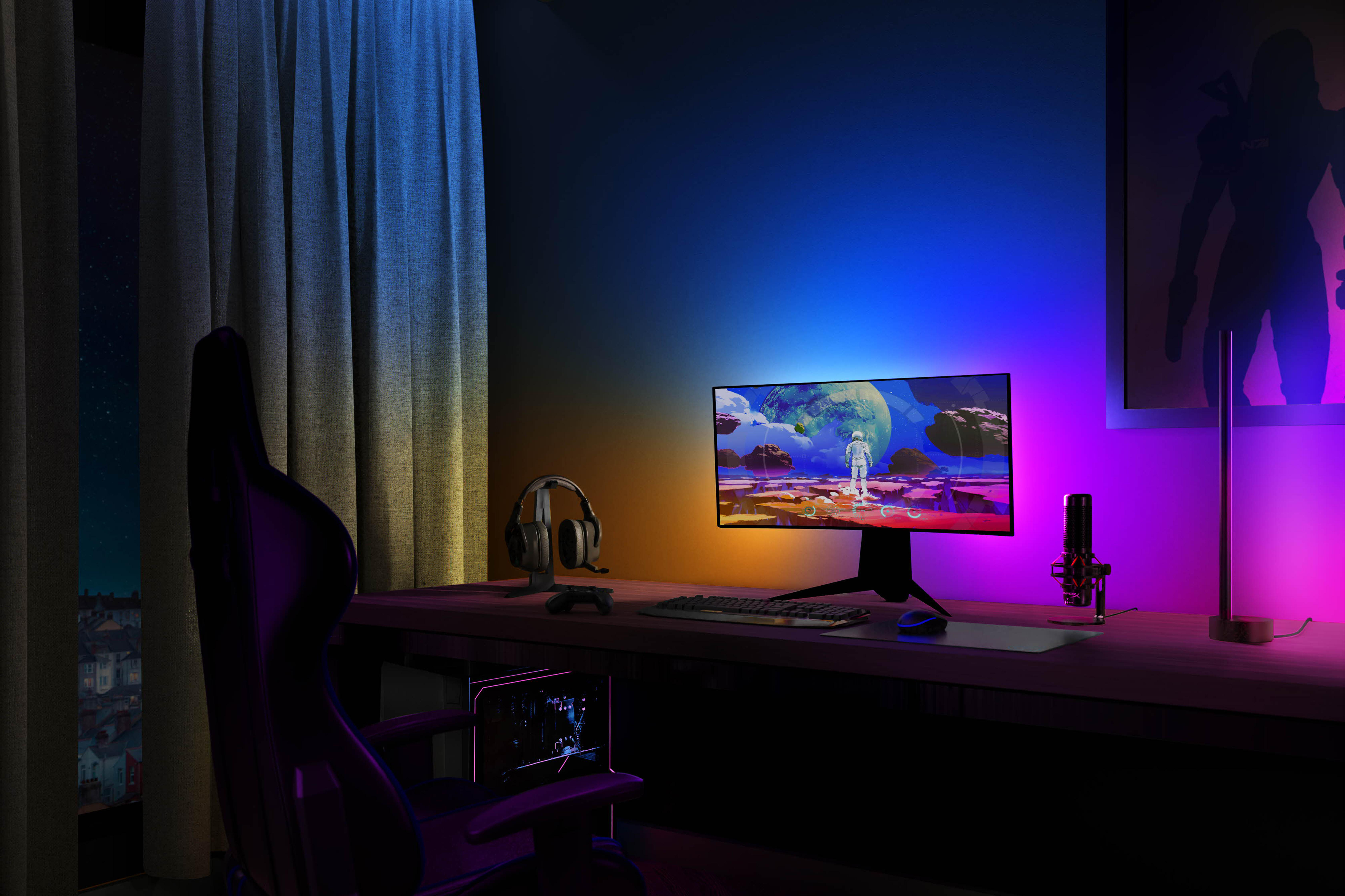 Gaming-Setup mit einem gewölbten Monitor und farbenfrohen LED-Lichtern.
