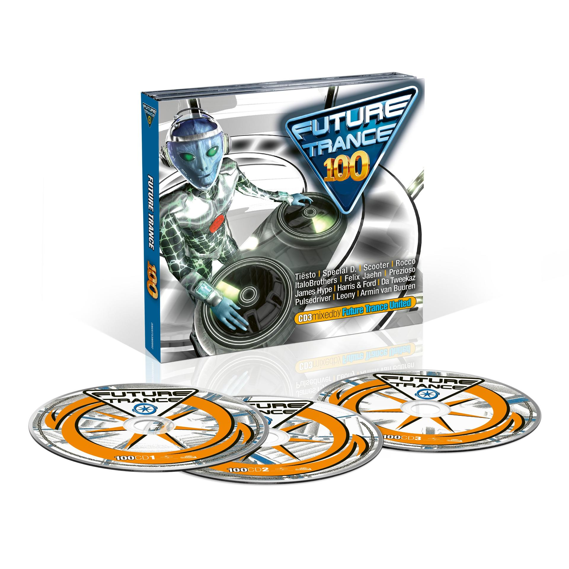 CD-Box-Set mit Alien-Figur. Drei CDs sind im Vordergrund sichtbar.