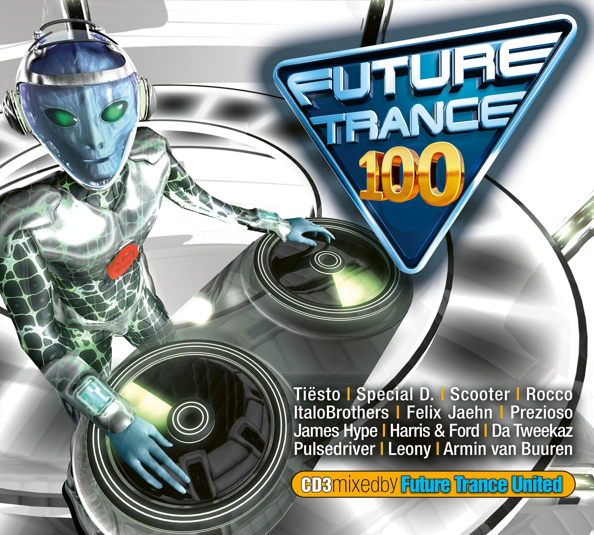 Albumcover: Ein futuristischer DJ mit futuristischem Hintergrund. Titel: Future Trance 100.