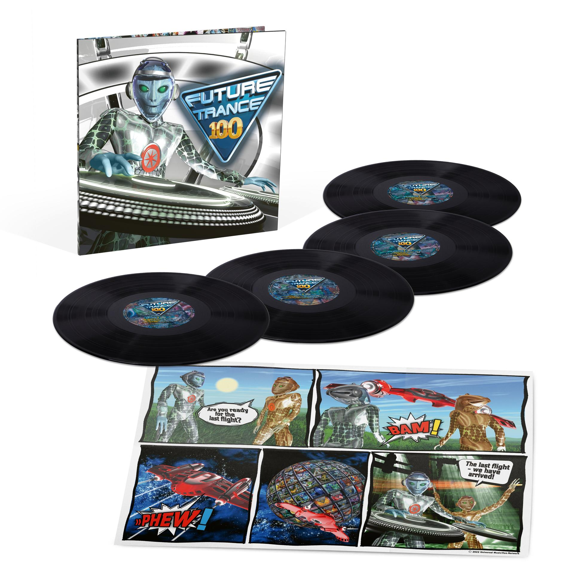 Albumcover und Schallplatten mit Alien-DJ und Comic.