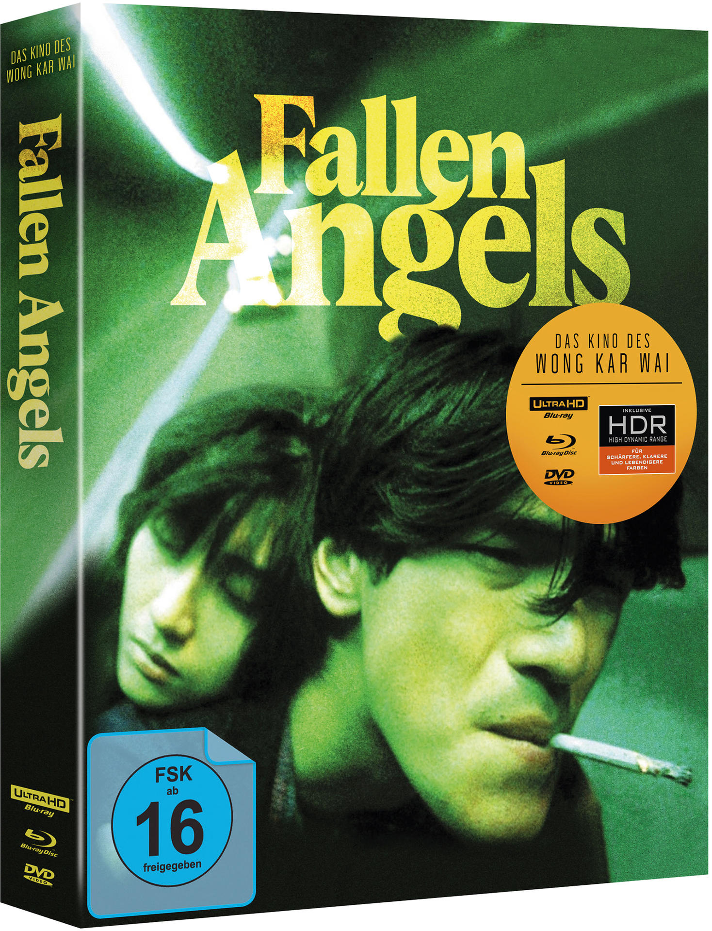 Filmcover: zwei Personen, grüne Beleuchtung, Titel 'Fallen Angels'.