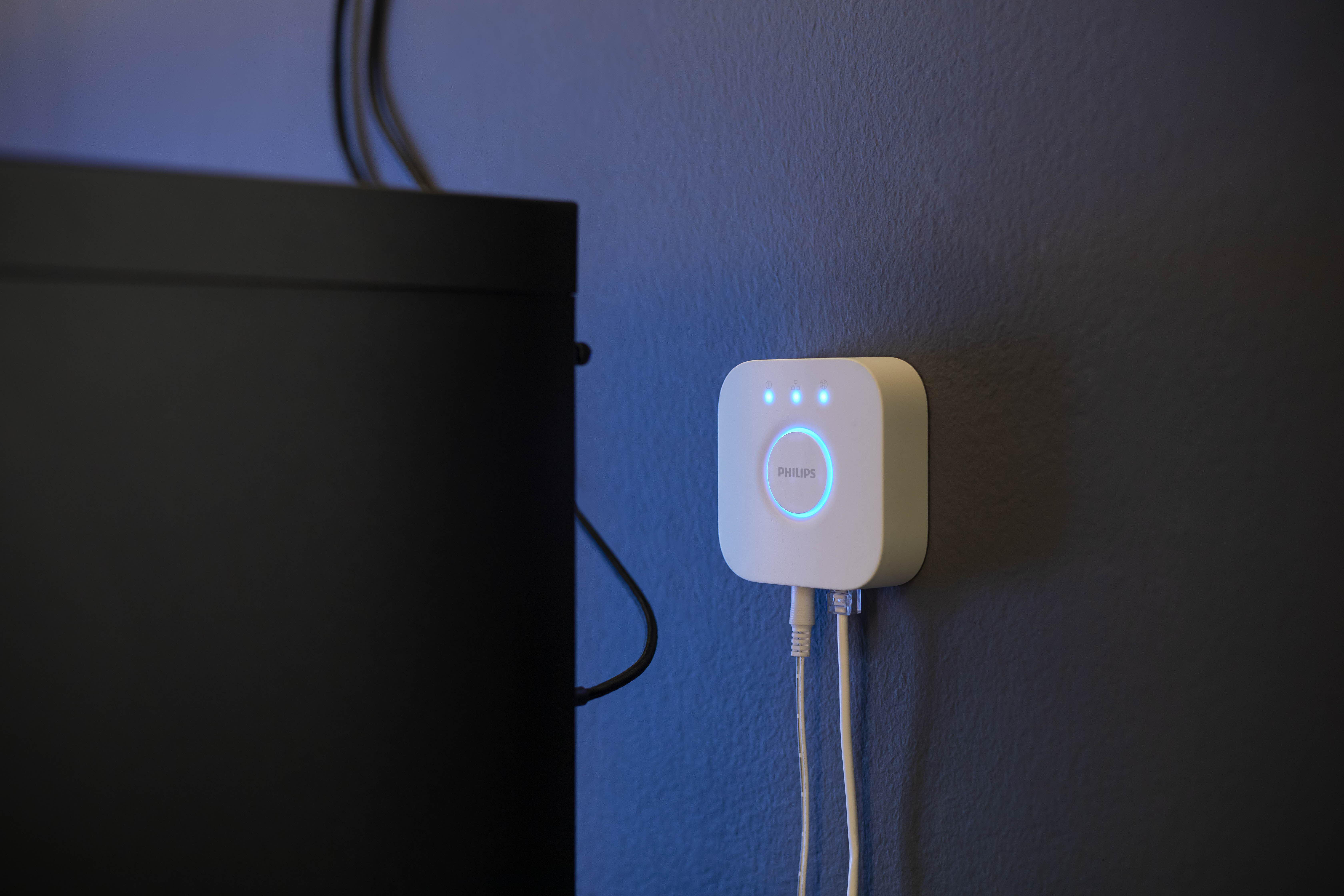 Eine weiße Philips Hue Bridge ist an einer blauen Wand mit Kabeln montiert.
