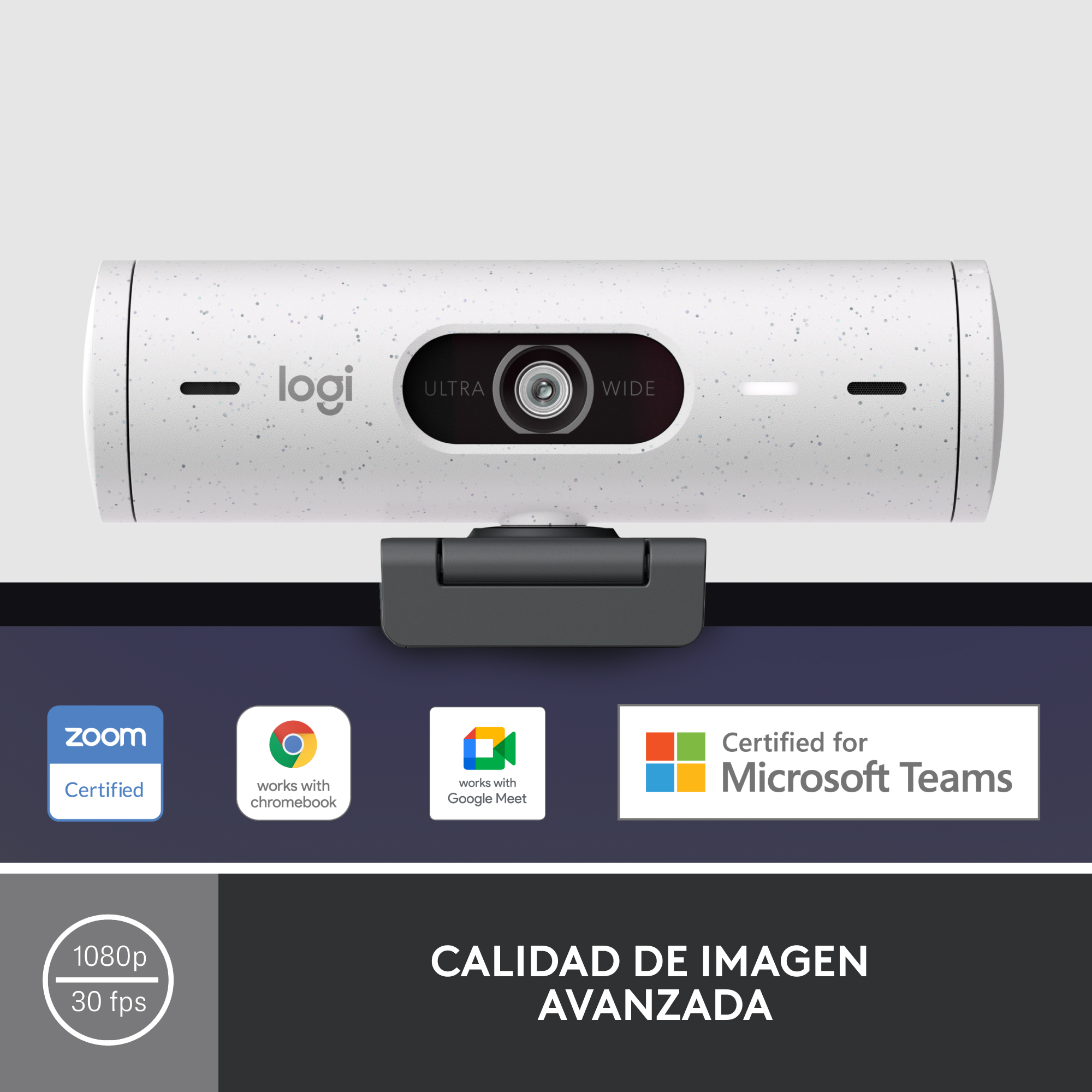 Cámara web blanca con marcas y logotipos de Zoom, Google Meet y Microsoft Teams.