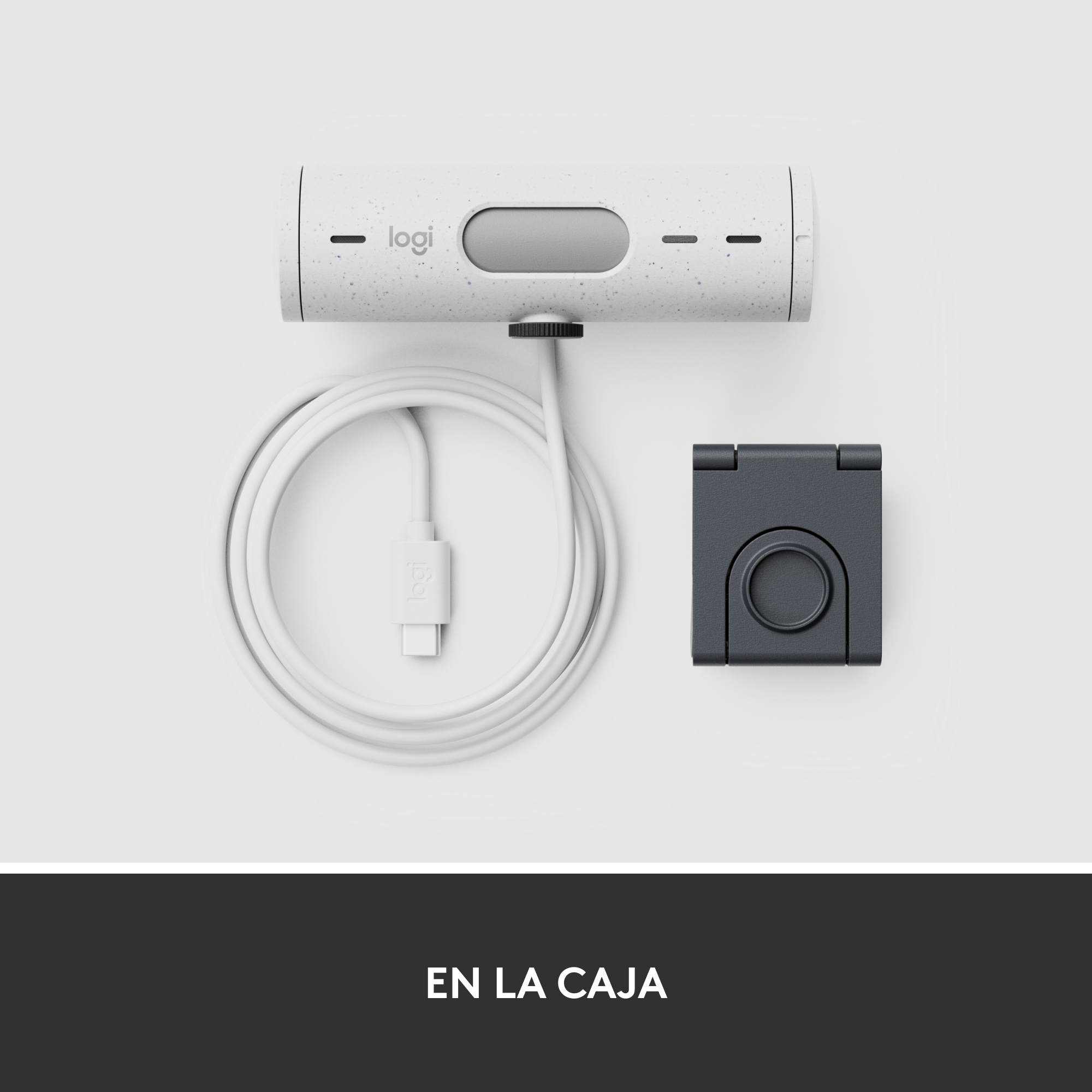 Una webcam y soporte blancos y grises sobre un fondo blanco.