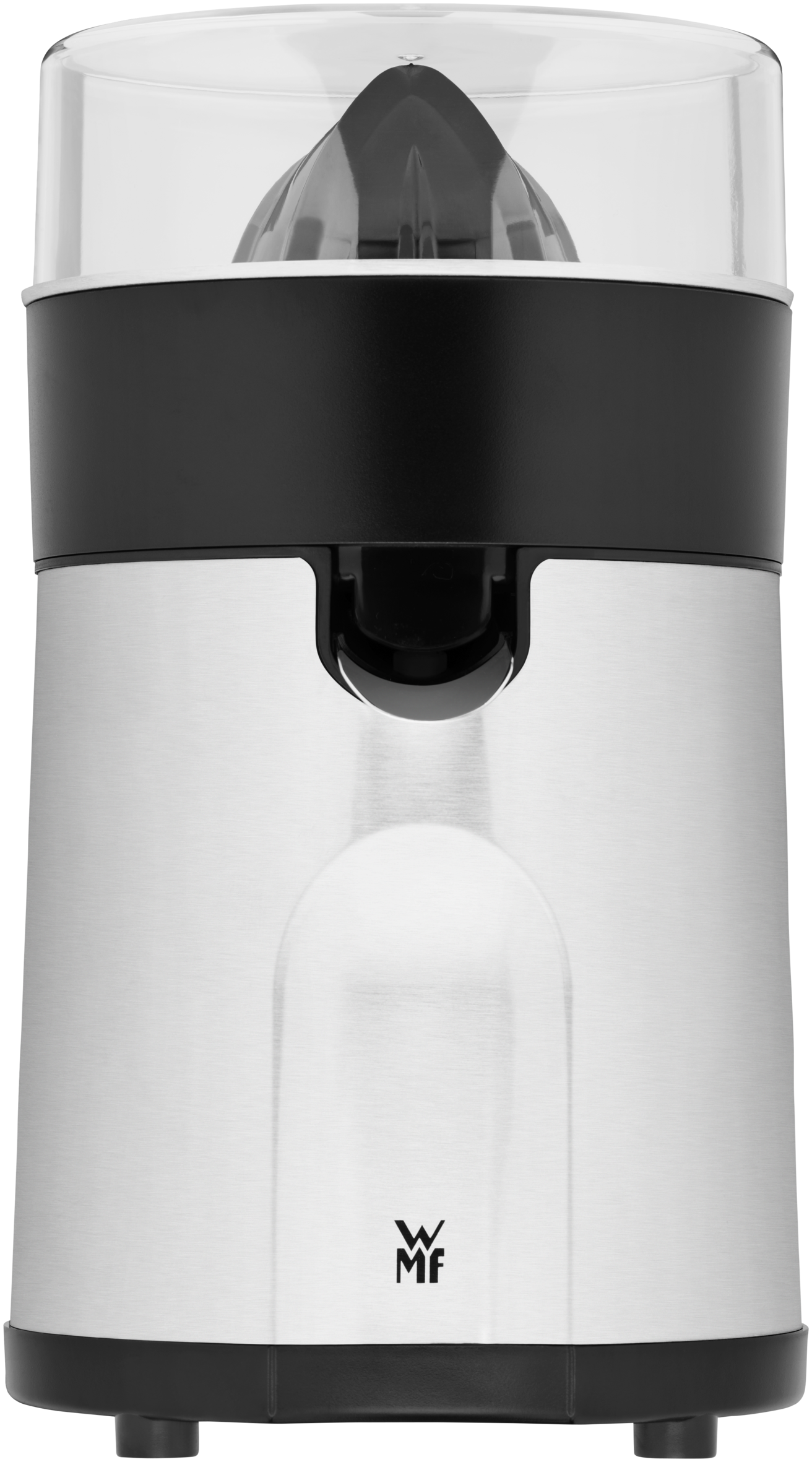 Exprimidor de cítricos de acero inoxidable con detalles negros, tapa transparente.
