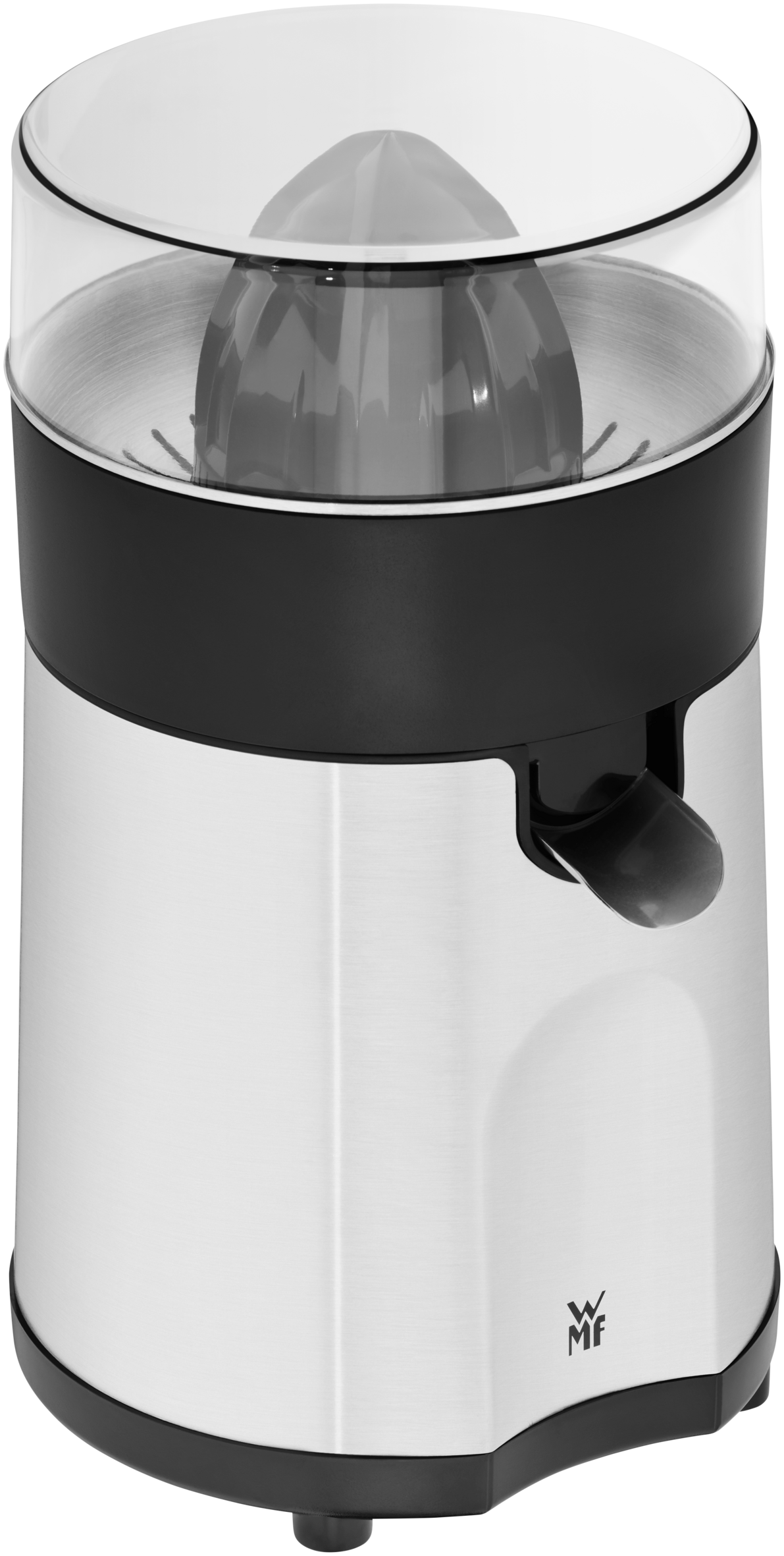 Una exprimidora eléctrica de cítricos de acero inoxidable con base, tapa y cono de zumo negros.