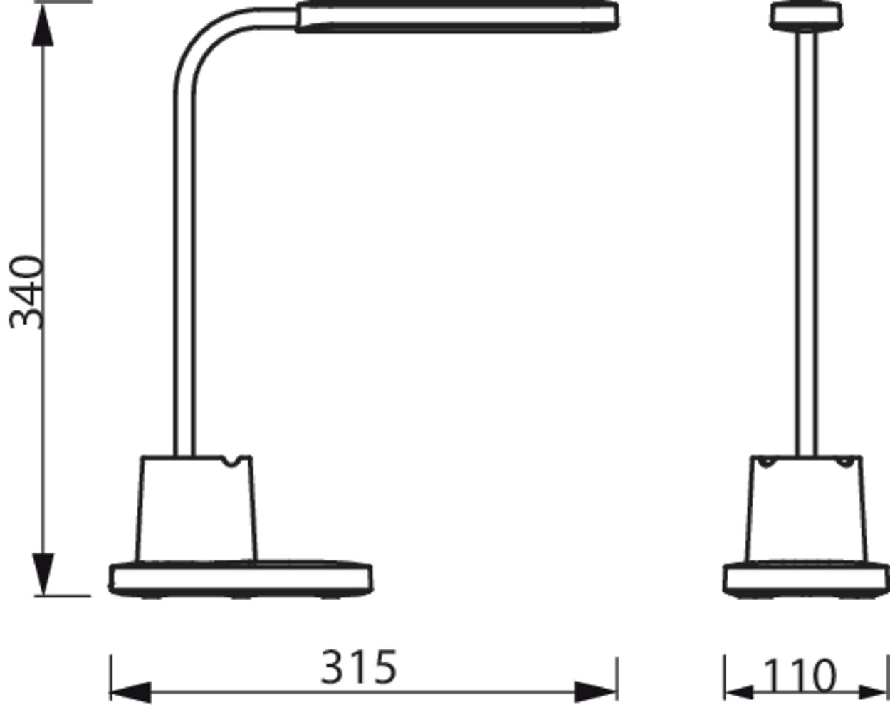 Asztali lámpa diagramja. Megmutatja a lámpa méreteit.