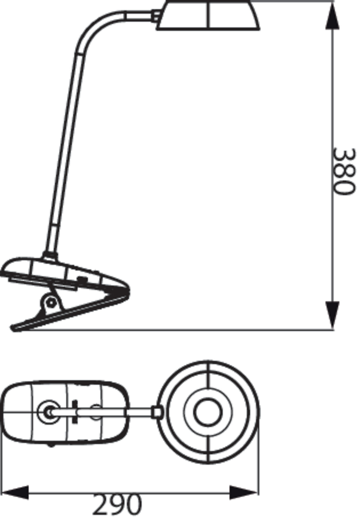 Fekete asztali lámpa diagramja. Méretek: magasság 380 mm, szélesség 290 mm.