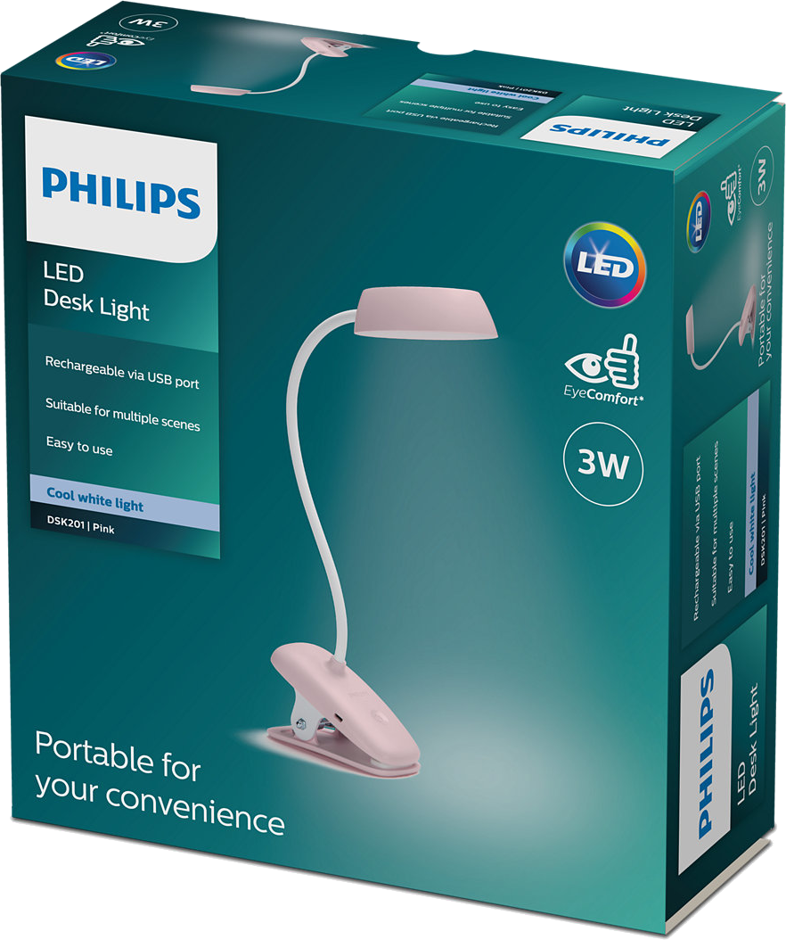 Rózsaszín Philips LED asztali lámpa a dobozában. USB-n keresztül tölthető.