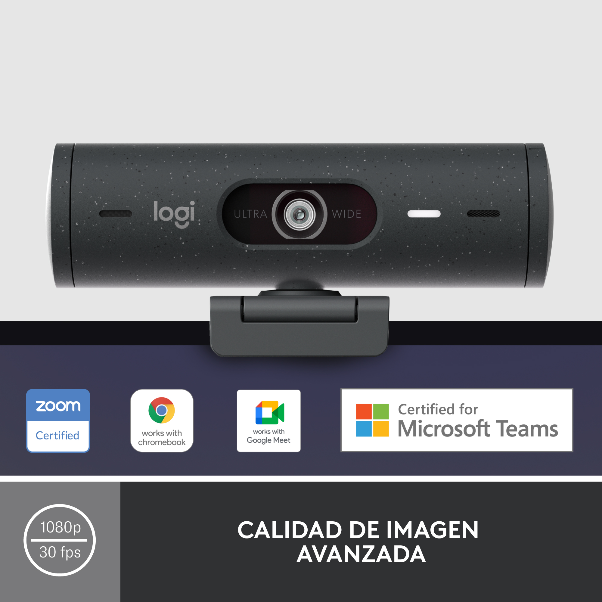 Una webcam negra con logotipos y texto, certificada para Zoom y Microsoft Teams.