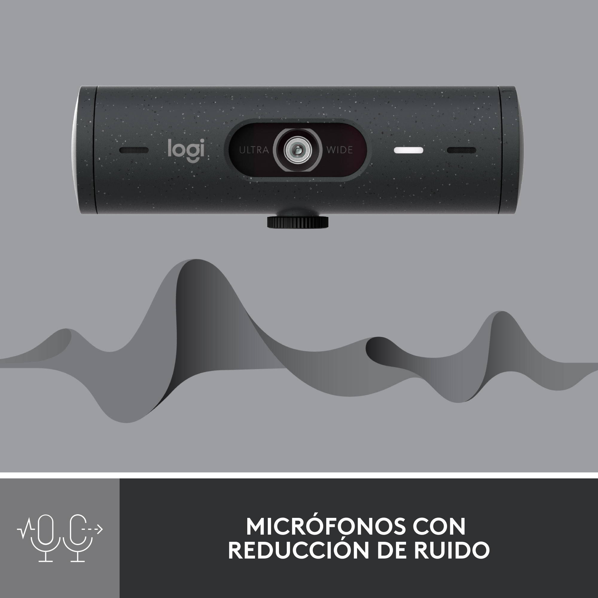 Webcam negra con logo y fondo gris.