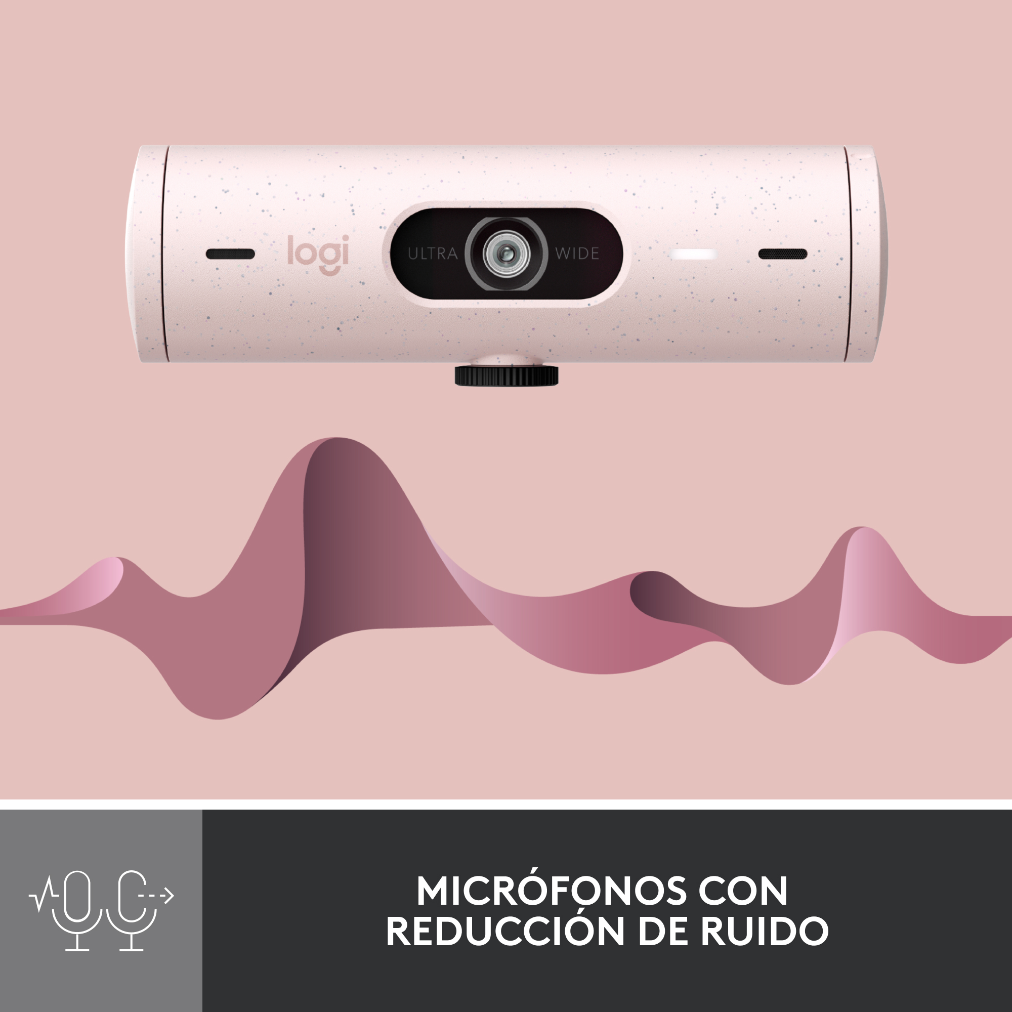 Una cámara web rosa con la etiqueta "logi" y "ultra wide", con fondo rosa.