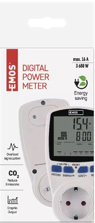 Fehér digitális energiamérő csomagolás fehér és piros dizájnnal.