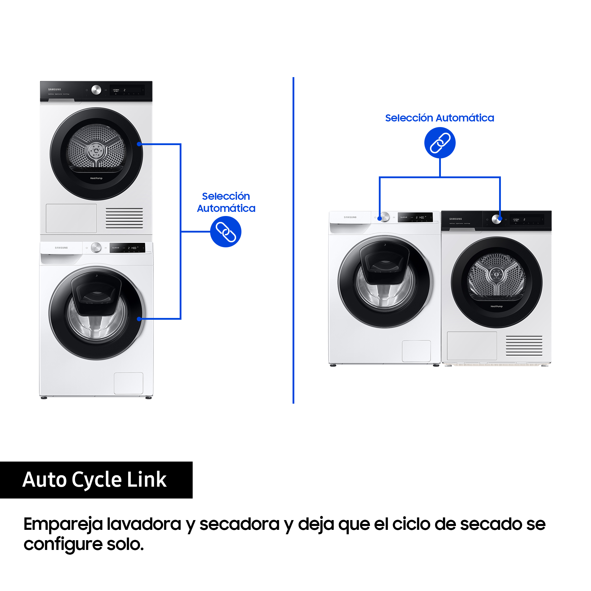 Dos lavadoras y secadoras con un icono de enlace entre ellas y texto en español.
