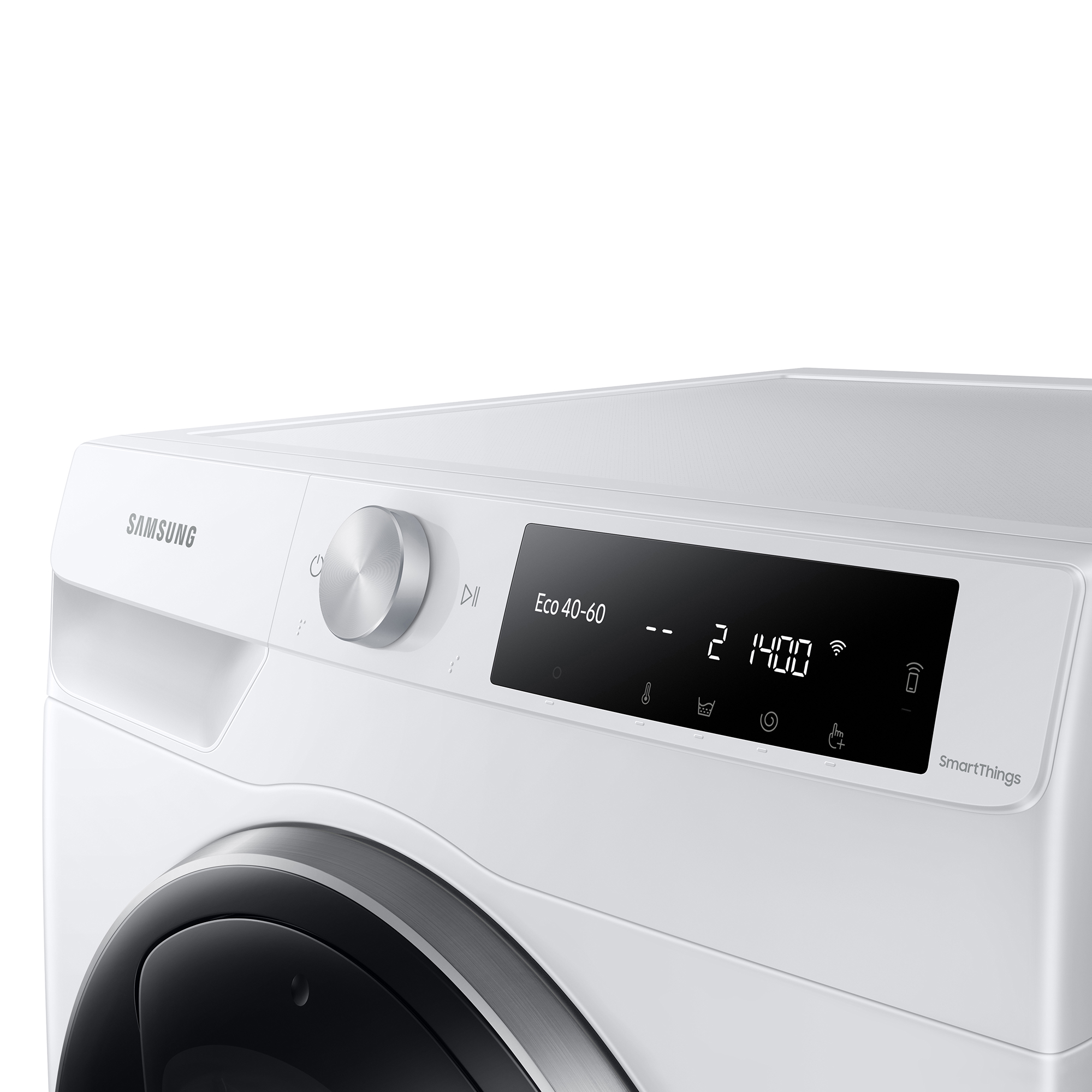Una lavadora Samsung blanca con una pantalla digital que muestra números e iconos, y una perilla plateada.
