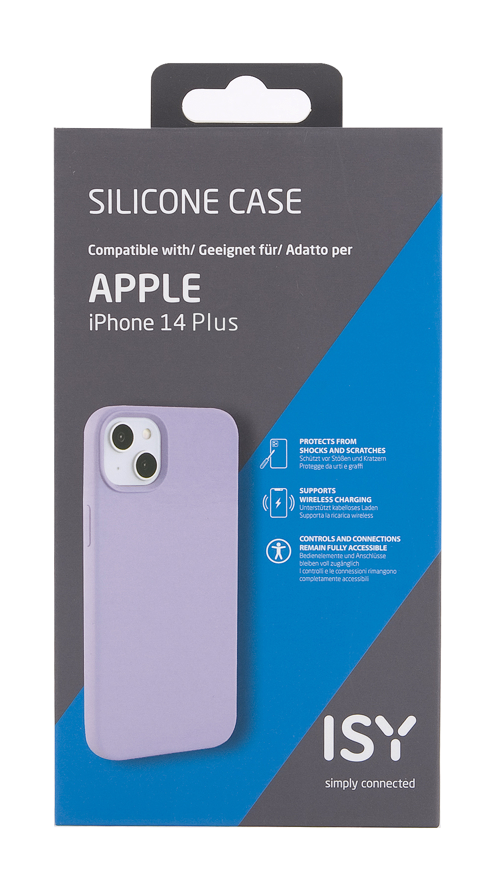Telefonhülle-Box für iPhone 14 Plus, mit einer lila Hülle im Inneren.