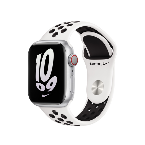 Apple Watch plateado con correa blanca. Logotipo negro de Nike y puntos negros en la correa.
