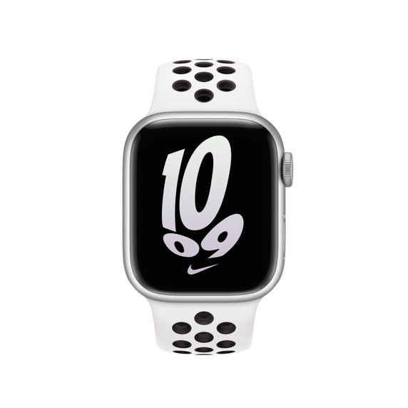 Apple Watch con correa deportiva blanca y negra. La pantalla muestra el número 10.