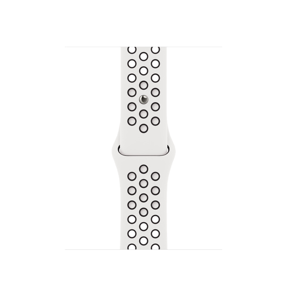 Correa de reloj blanca y negra con un diseño perforado. La correa está sujeta a un conector.