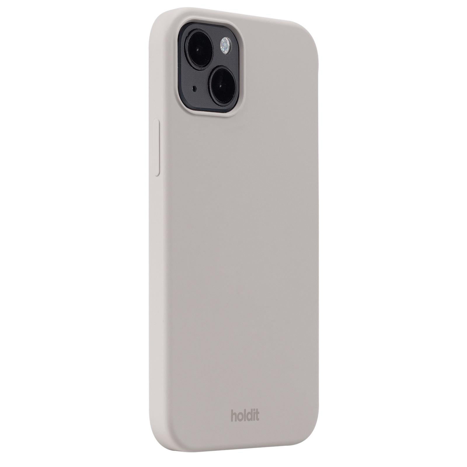 Eine graue Handyhülle mit Holdit-Logo und einem Telefon mit Dual-Kameras.