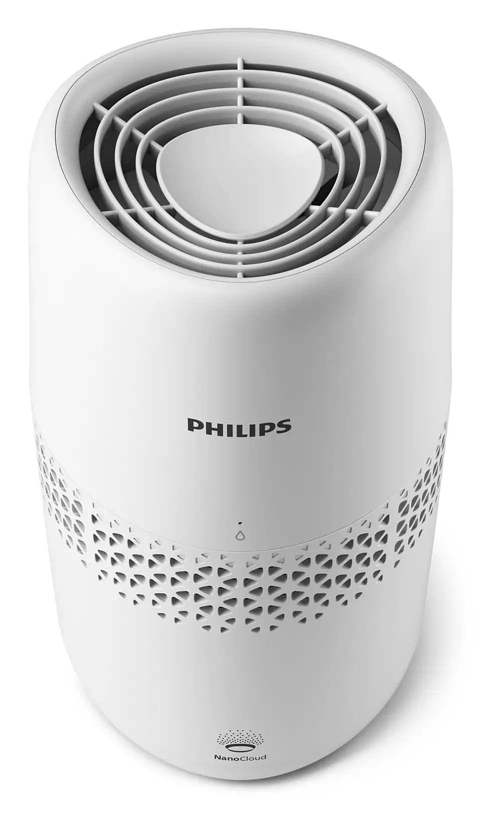 Ein weißer Philips Luftreiniger mit perforiertem Design.