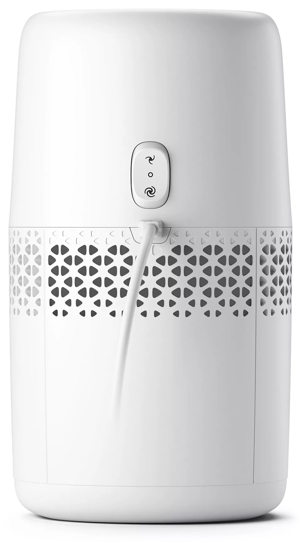 Ein weißer Luftreiniger mit geometrischem Muster, Ein-/Aus-Taste und Kabel. Ein sauberes, modernes Design.
