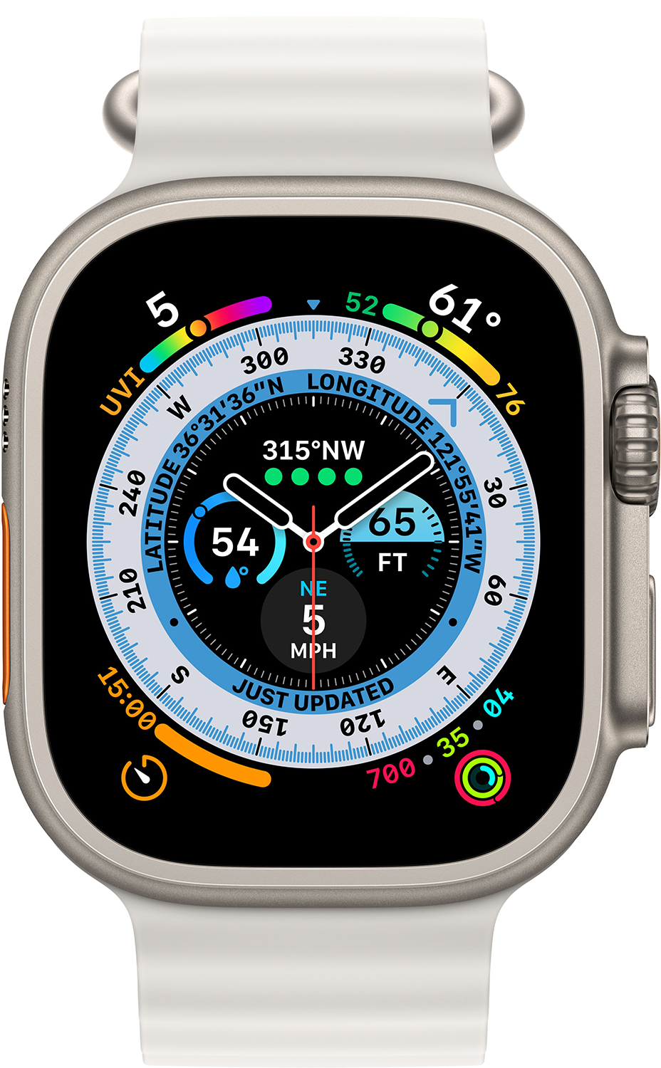 Apple Watch Ultra. Időt, iránytűt és egyéb fitnesz adatokat jelenít meg a számlapon.