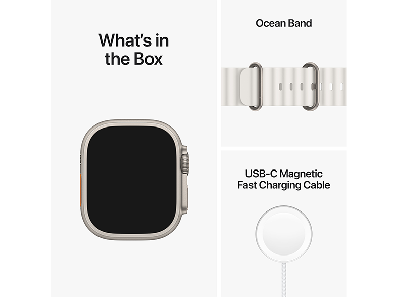 Apple Watch Ultra szíjjal és töltővel.