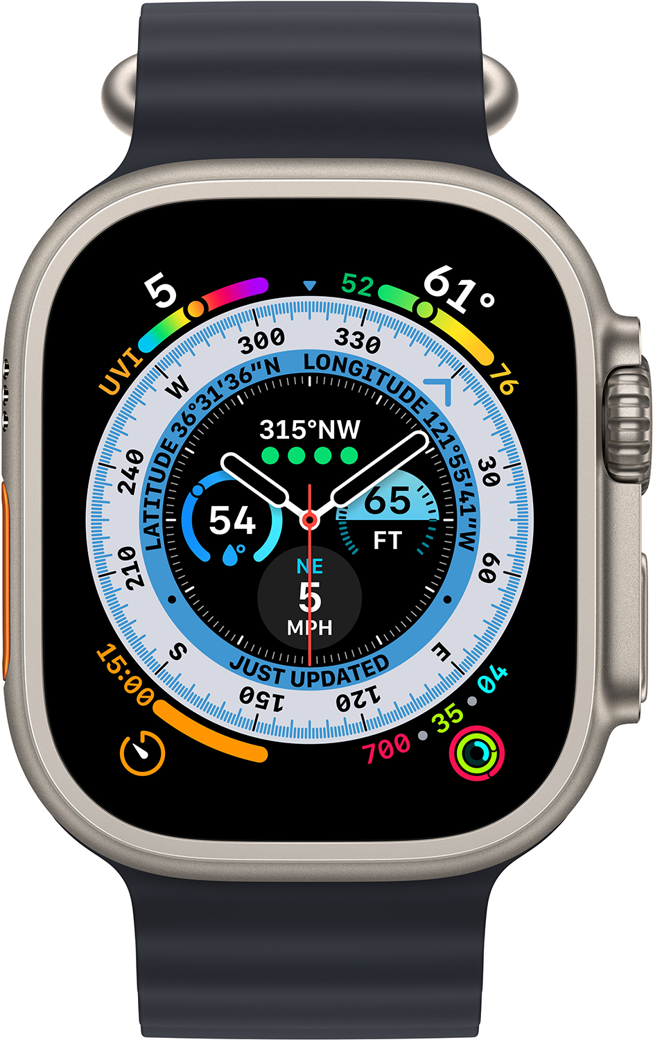 Az Apple Watch Ultra iránytűt, magasságot, sebességet és egészségügyi mérőszámokat jelenít meg. Az óra sötétkék szíjjal és ezüst tokkal rendelkezik.