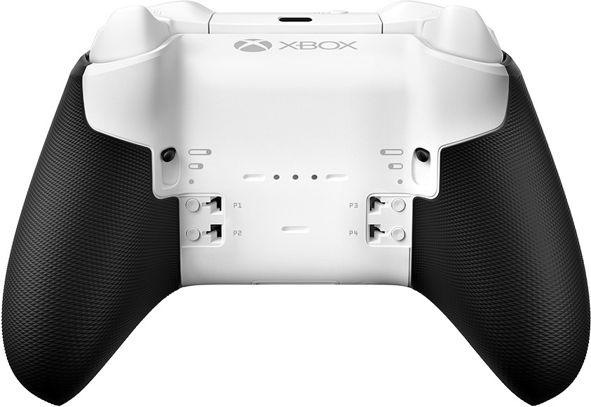The back of a white Xbox Elite Series 2 controller with black grips.