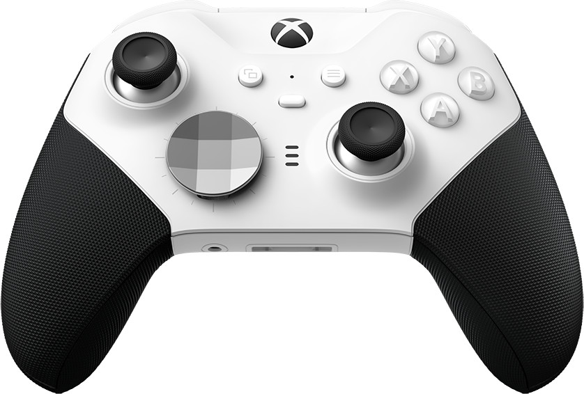 A white and black Xbox controller on a white background.