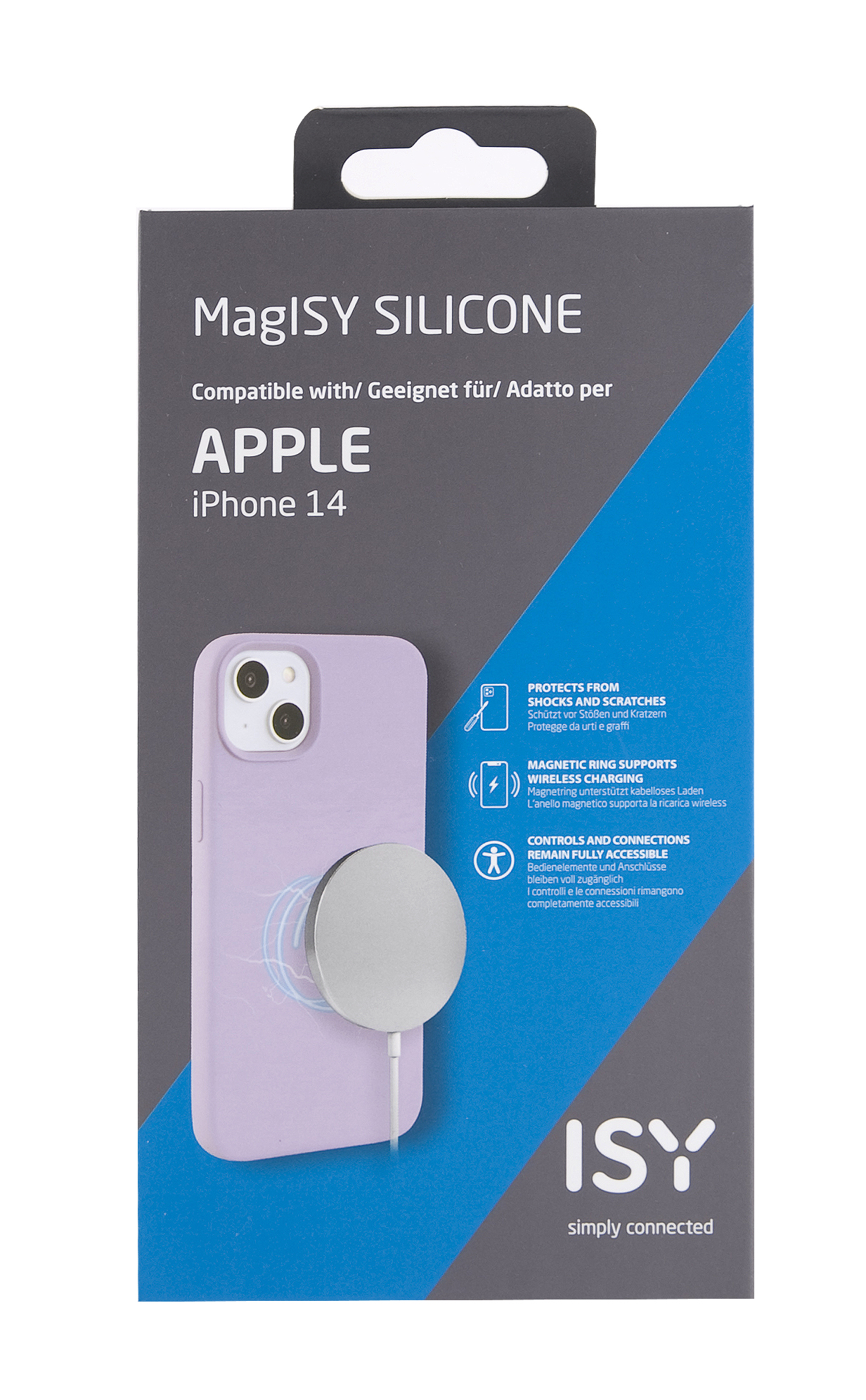 Eine Produktbox für eine iPhone 14 Hülle und ein MagSafe-Ladegerät.